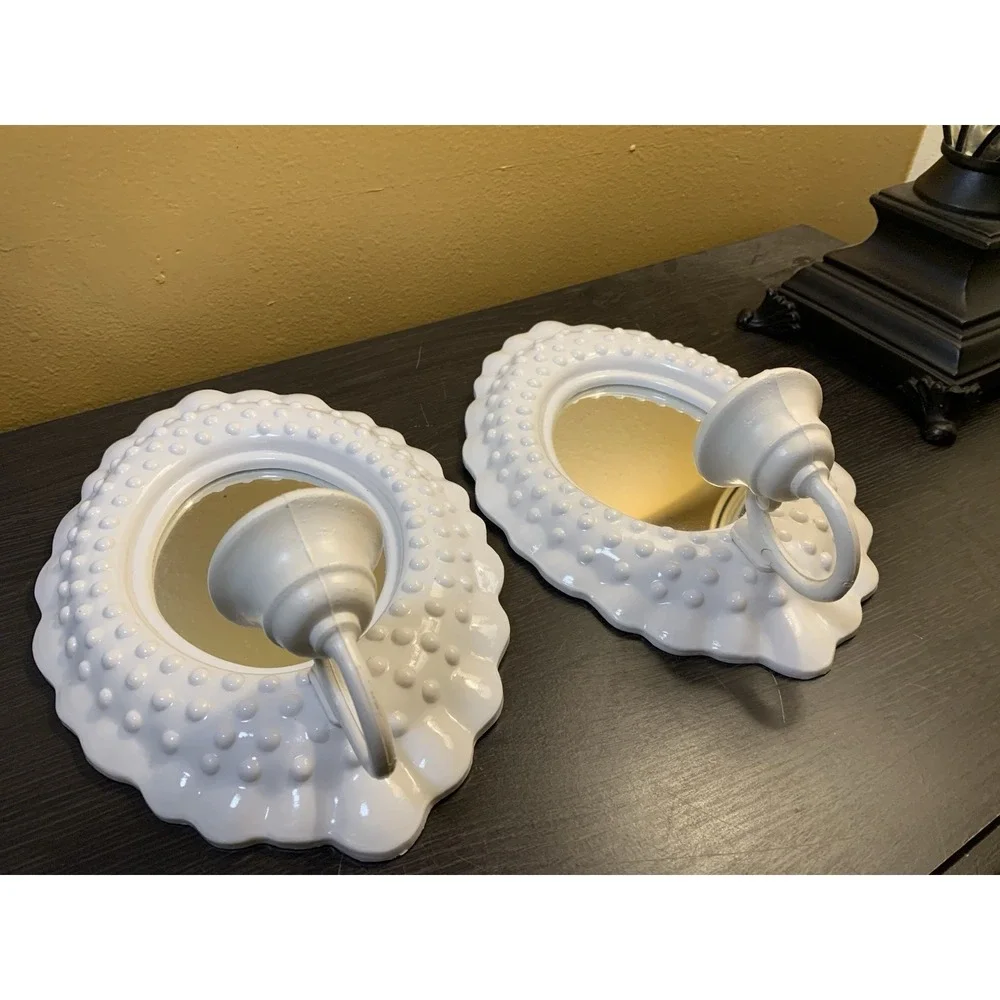 2 Vintage Burwood Mirrored Candle Sconces White Hobnail Homco Home Interiors